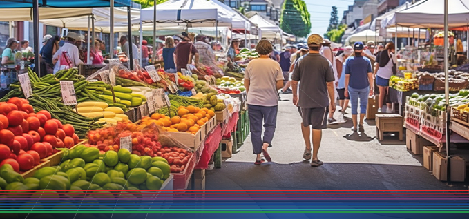 people walking in a farmers market