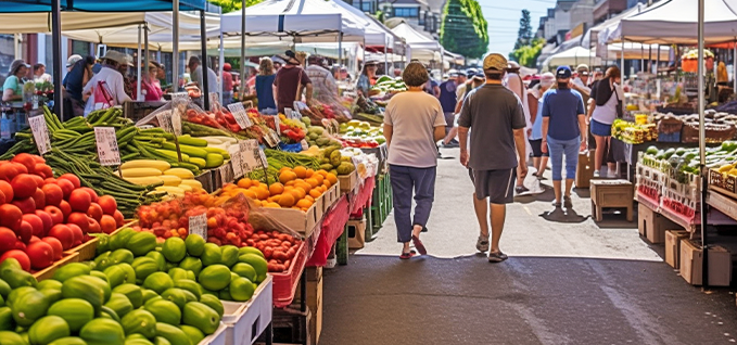 people walking in a farmers market